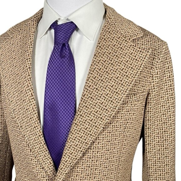 Vintage 70s Sport Coat 38R Tan Patterned Collegiate Mod Disco Retro Patch Pocket - Picture 1 of 16